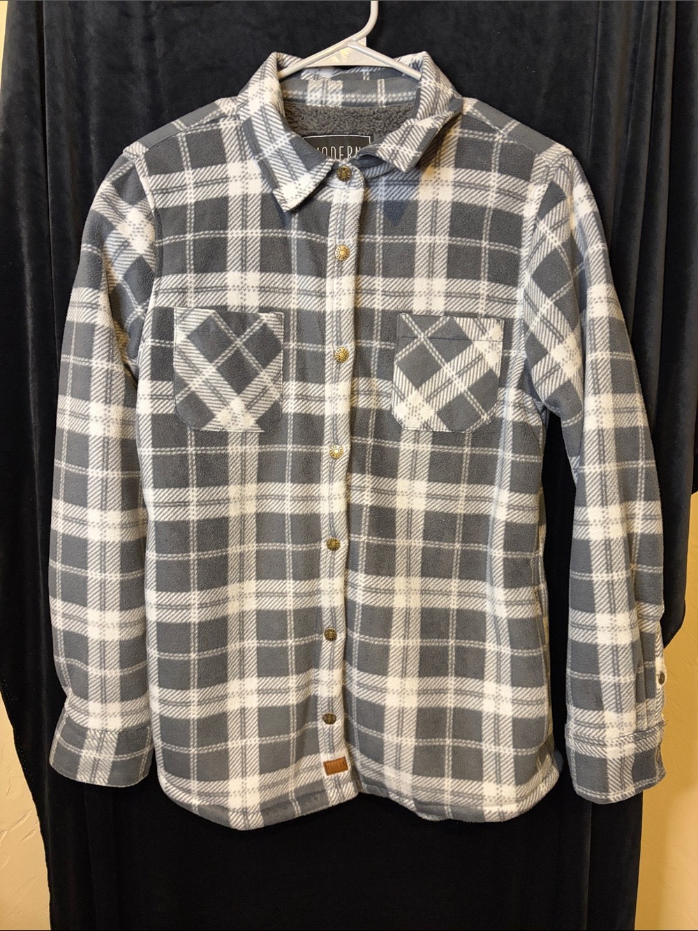 Gray and White Plaid Button-Up Shirt Jacket Sherpa inside